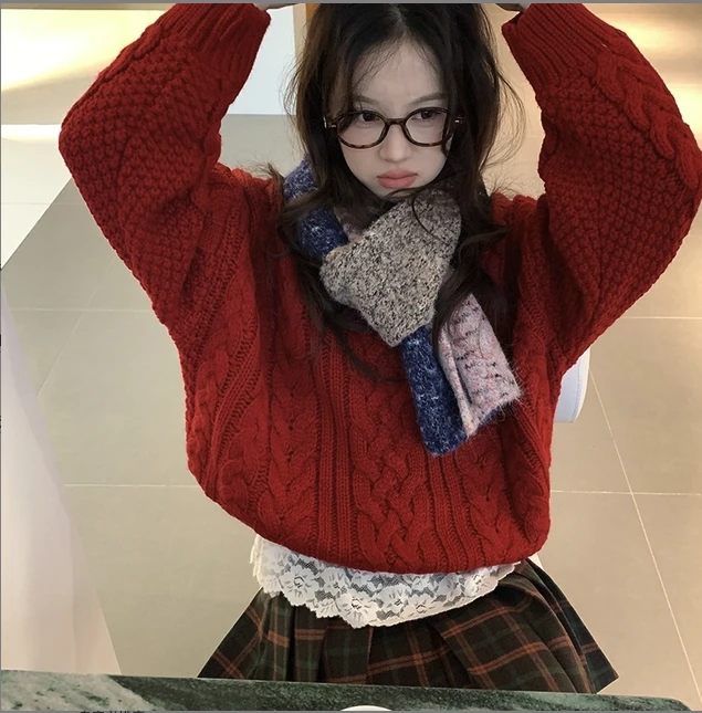 复古红色毛衣冬季女圣诞穿搭可外穿内搭韩系加厚针织上衣