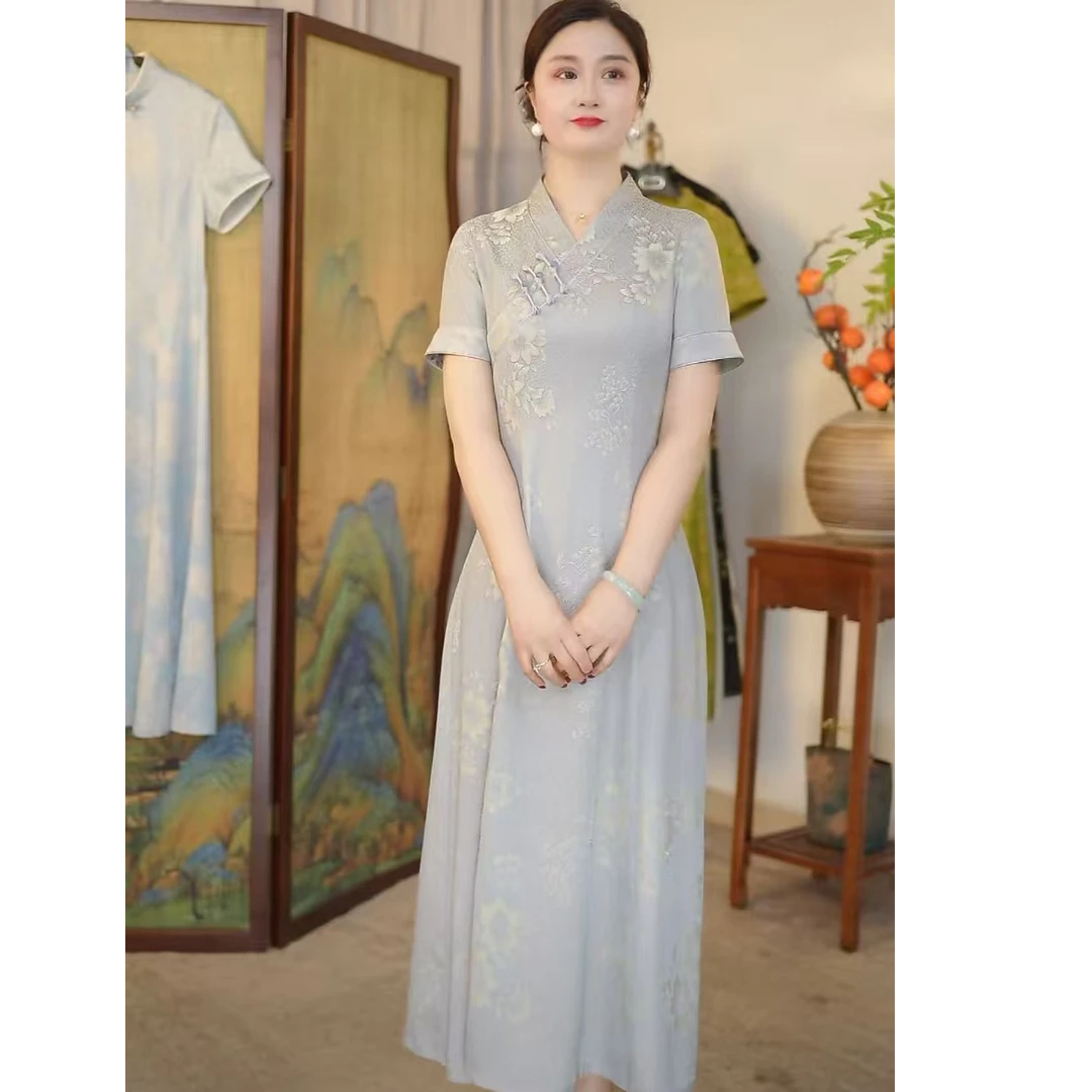 瓷萱【红雨零】夏季汉服领改良旗袍新中式复古中国风V领旗袍中长裙