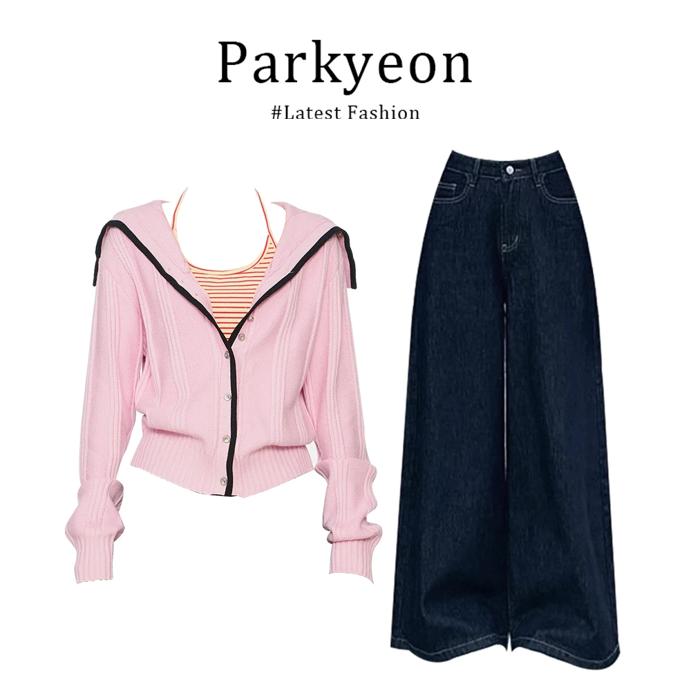 parkyeon可爱温柔风粉色针织开衫外套早秋穿搭阔腿牛仔裤两件套装