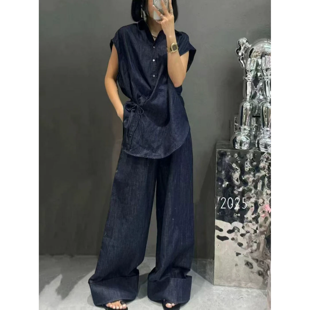 牛仔套装显瘦洋气韩版阔腿裤2件套女装夏装女士宽松套装夏季无袖