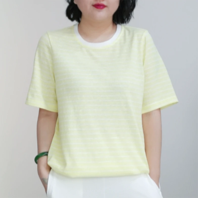会呼吸的竹节棉T恤女大码弹力细腻糯正肩夏季轻柔透气条纹上衣