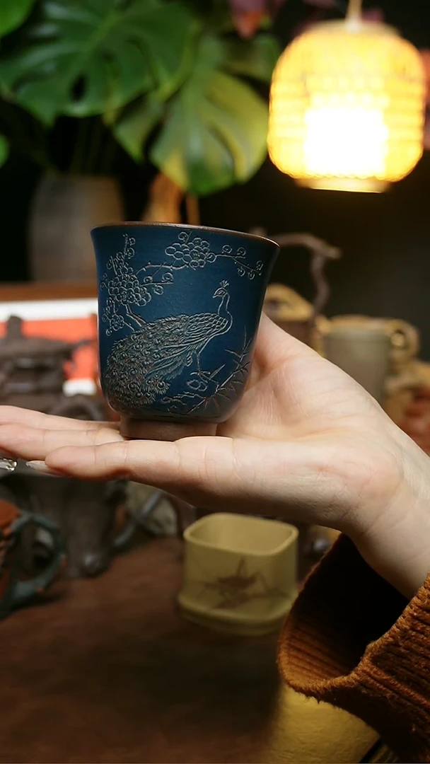 茶杯紫砂精工刻绘凤凰主人杯