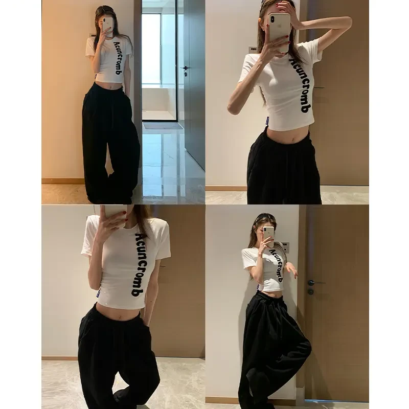 美式正肩短袖T恤女夏季减龄刺绣修身小衫圆领百搭体恤紧身上衣ins