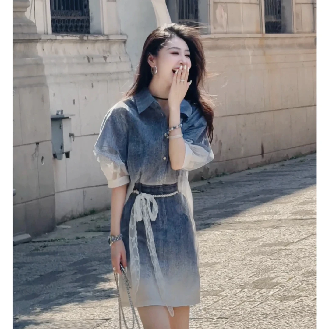 今年爆款POLO领渐变色连衣裙2025夏季轻奢假两件收腰显瘦衬衫短裙