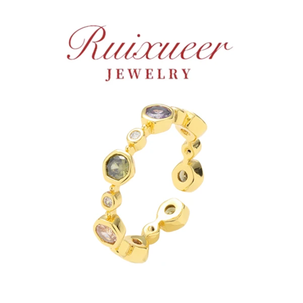 铜合金锆石戒指 ZJ XIYUAN镀k金【七彩钻的戒指】几何开口戒指R099