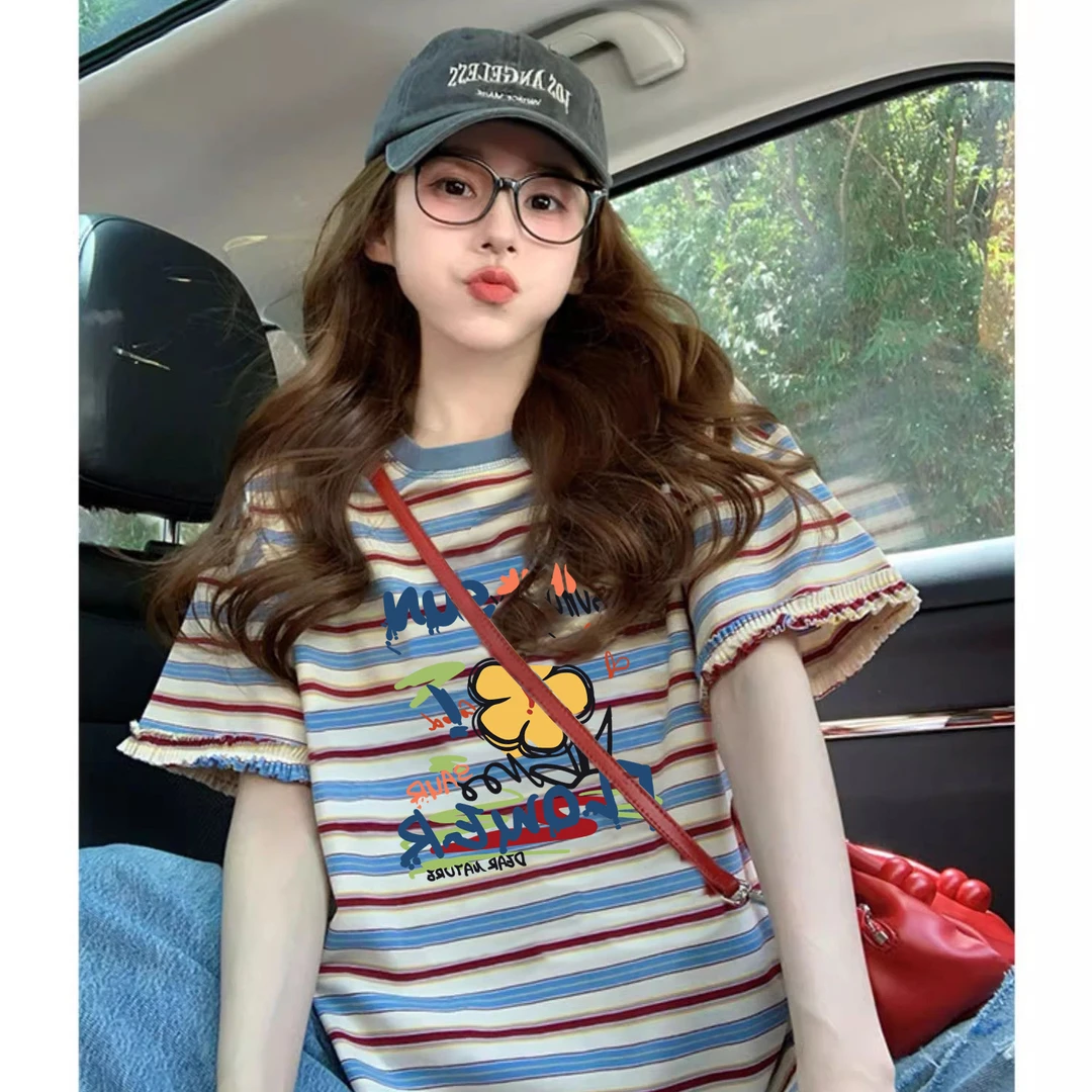 美式花边条纹短袖t恤女2025夏新款正肩宽松减龄设计感巴黎风上衣