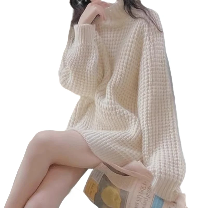 秋冬季加厚高领软糯毛衣女ins中长款设计感慵懒风宽燕麦色针织衫