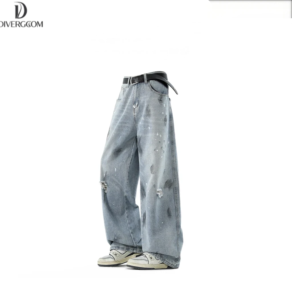 DIIIVERGOM高街美式泼墨水洗蓝色牛仔裤男潮流春夏宽松直筒休闲裤