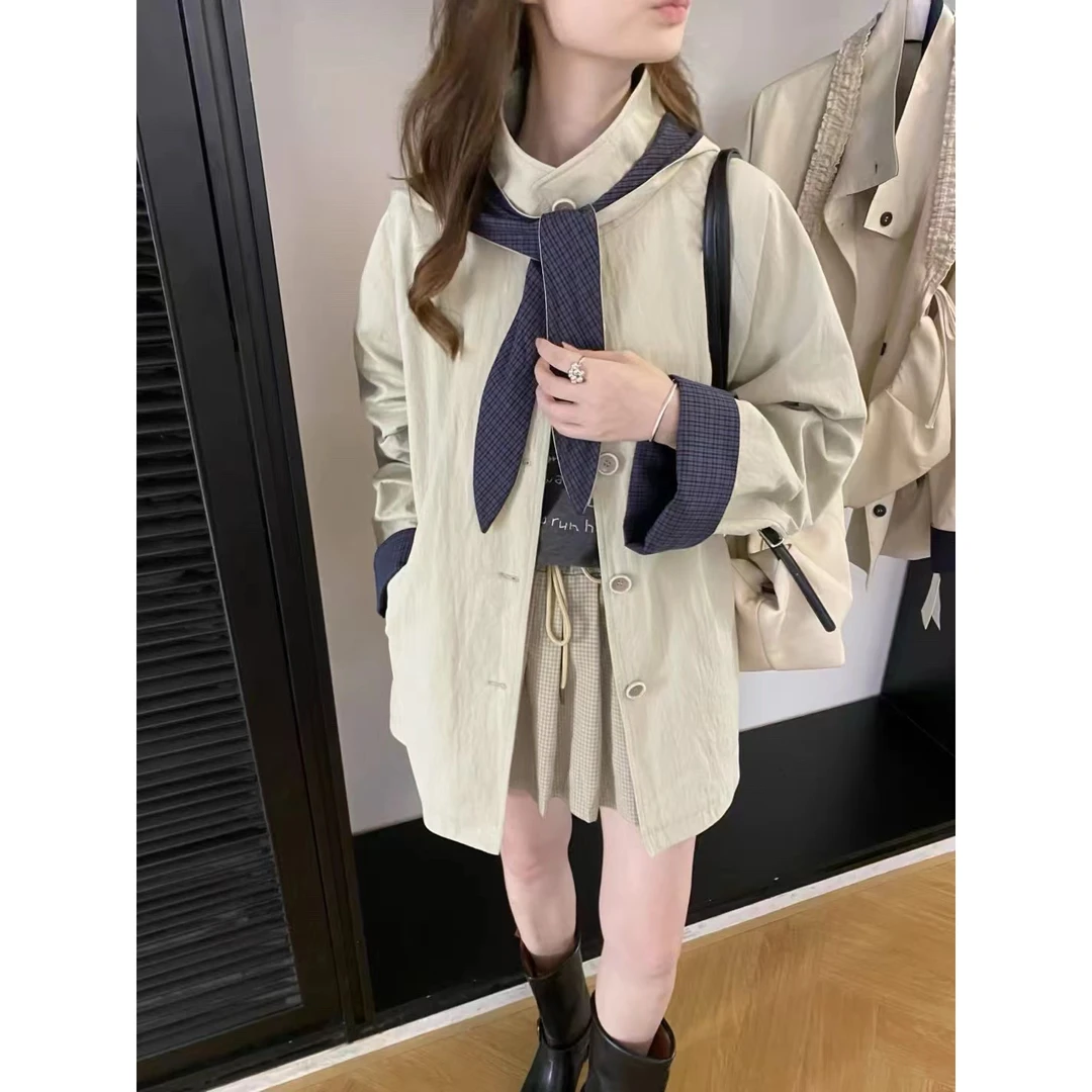 Y168802-法式设计感小众格子连帽可拆卸拼接高级显瘦宽松风衣外套