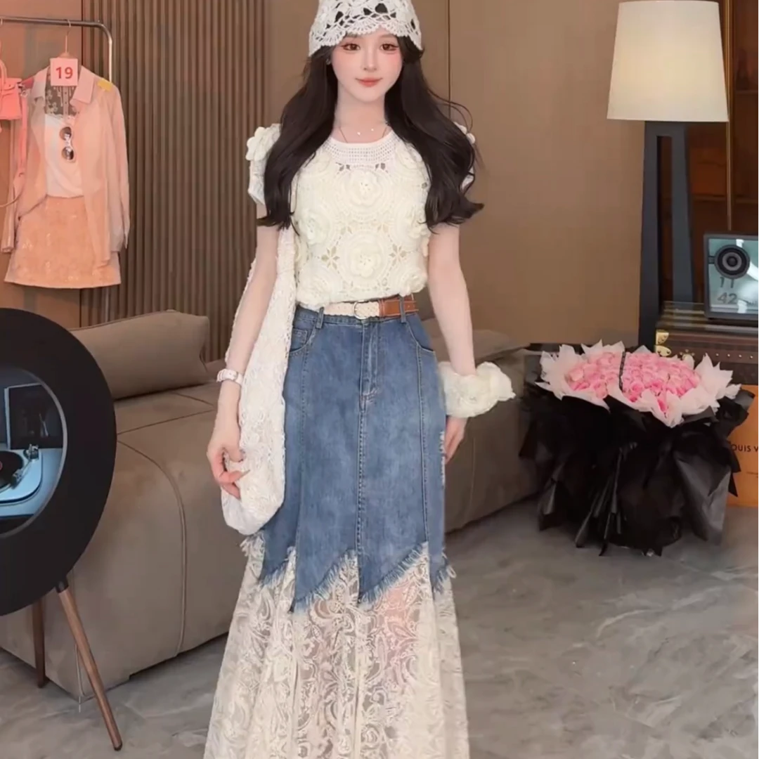 约会必备轻奢蕾丝拼接毛边牛仔半身裙女2025夏季新款显瘦遮肉长裙