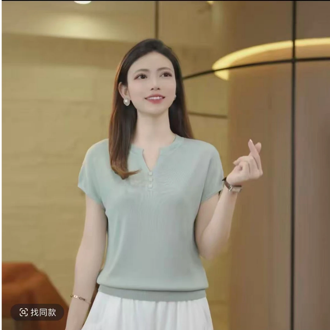 短袖夏季半开领女毛针织衫百搭