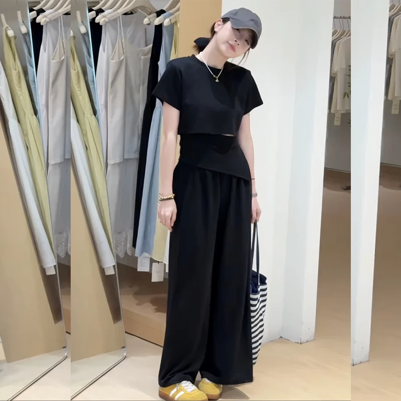 2025夏季减龄穿搭一整套女韩系时尚休闲绑带短袖上衣阔腿裤两件套