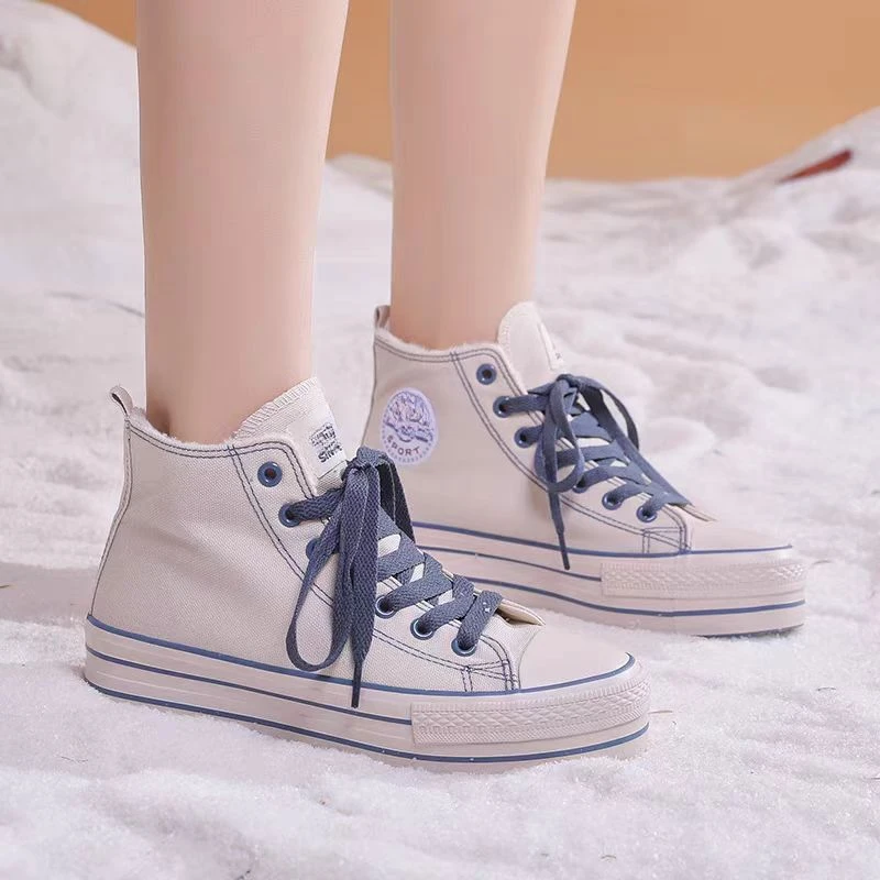 高帮秋冬加绒帆布鞋新款经典百搭女鞋复古潮靴子21637(2B7-16)