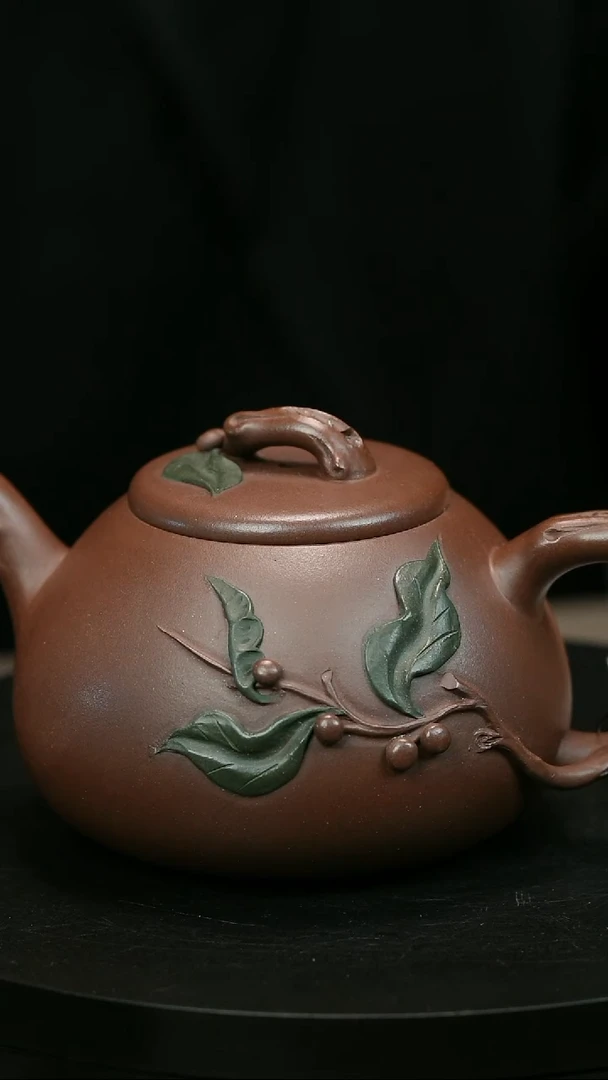 茶壶紫砂用****2H1975周卓琴彩绘贴叶树圆