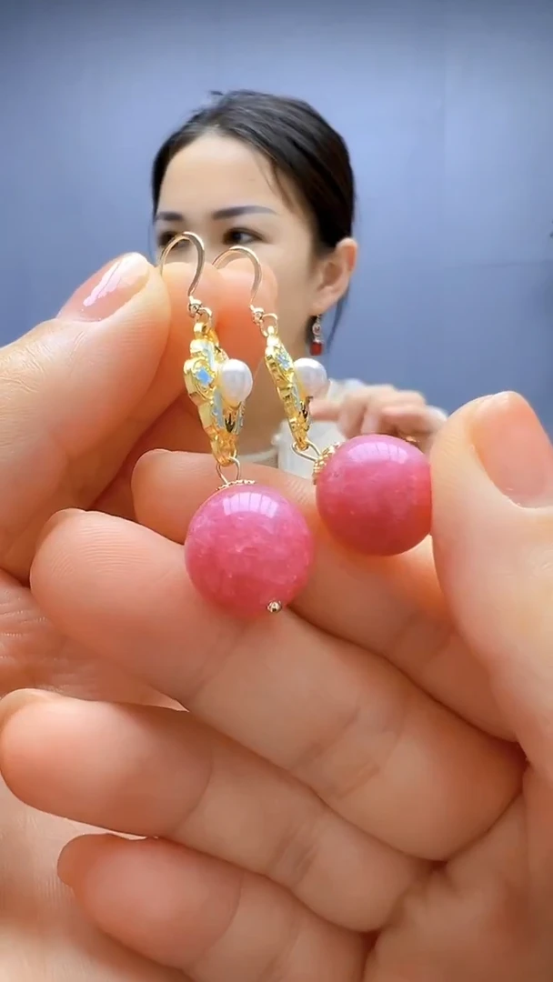 14K金镶嵌菱锰矿（红纹石）耳饰丹丹diy颈饰