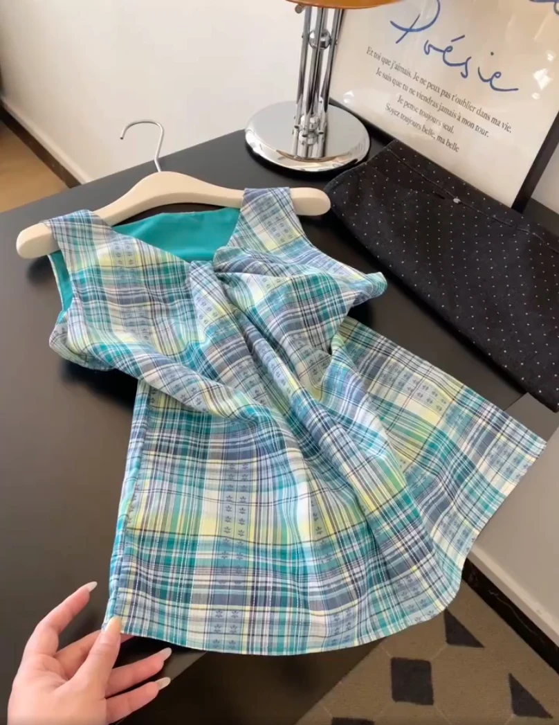 2025法式时尚宽松花边格子背心衬衫女夏季甜美风外穿短款无袖上衣