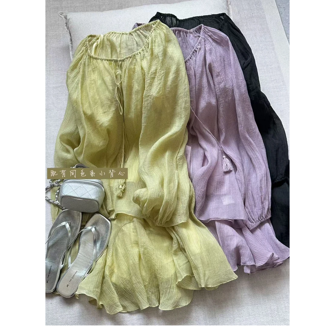 晶咕【浪漫至上】肌理感流苏系带长袖上衣+全松紧高腰A字半