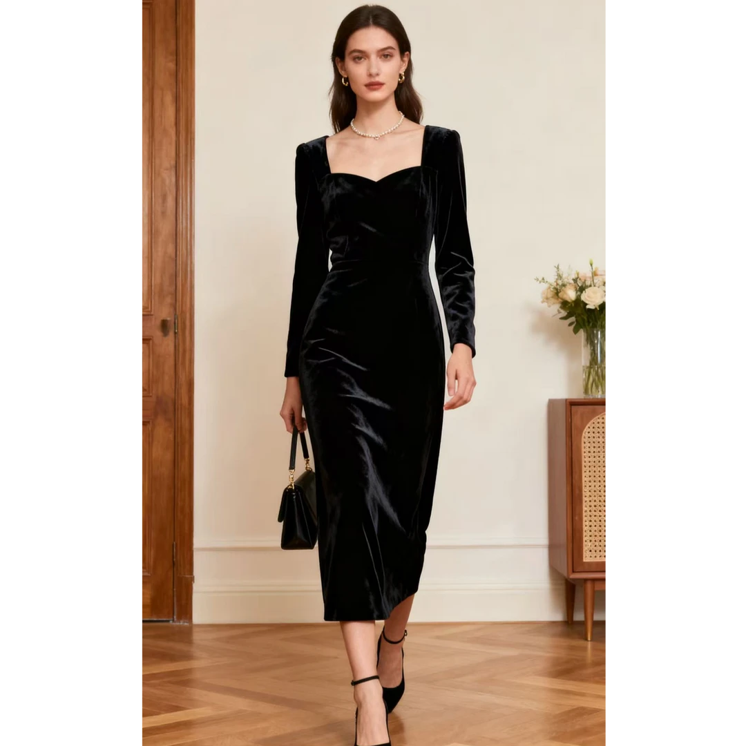 高级感黑色丝绒长裙 2025 新款方领长袖修身连衣裙气质晚宴礼服裙