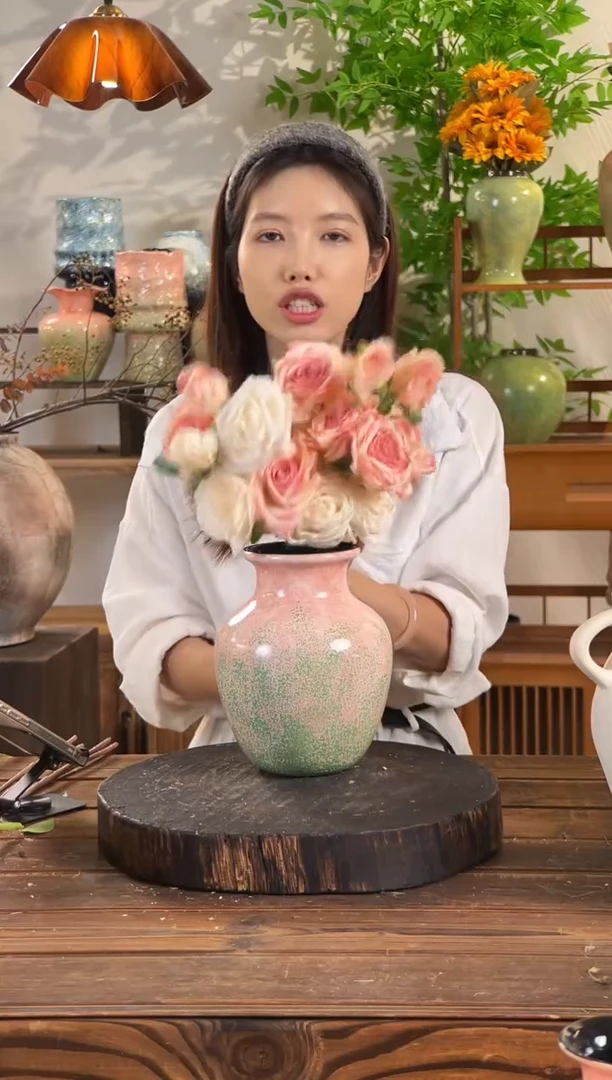 【绿脂凝春-中号胖肚瓶】无孔水培桌面陶瓷花瓶鲜花干花插花花器