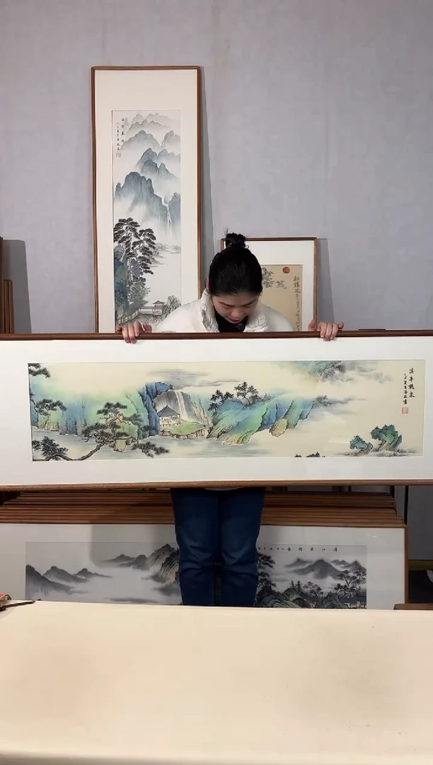 国画手绘*溪亭听泉*52*172cm带框发货