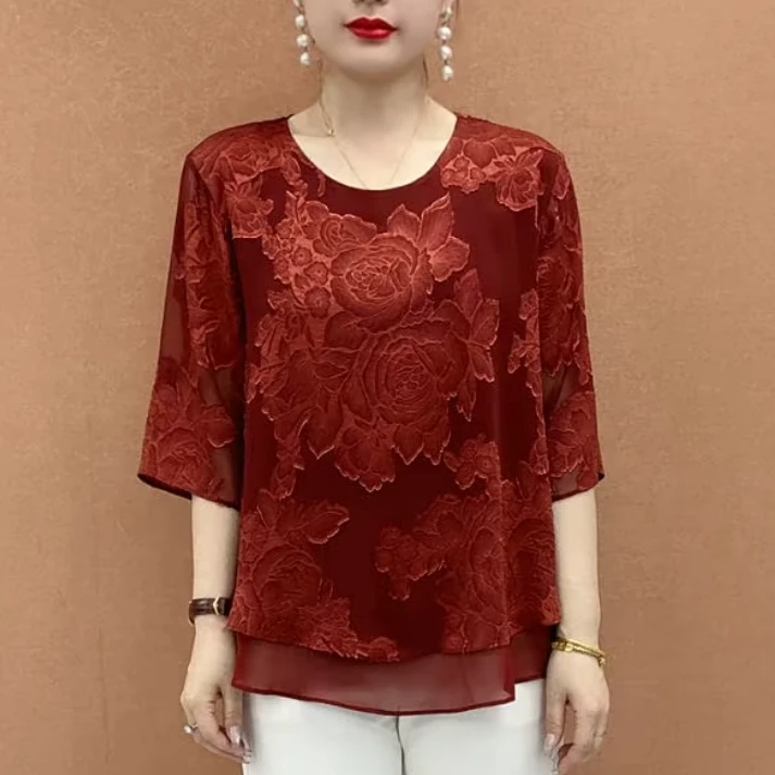 2025夏季新款洋气减龄宽松百搭衫时尚气质国风提花中袖妈妈装上衣