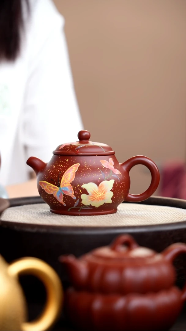茶壶紫砂朱泥潘壶泥绘蝴蝶005