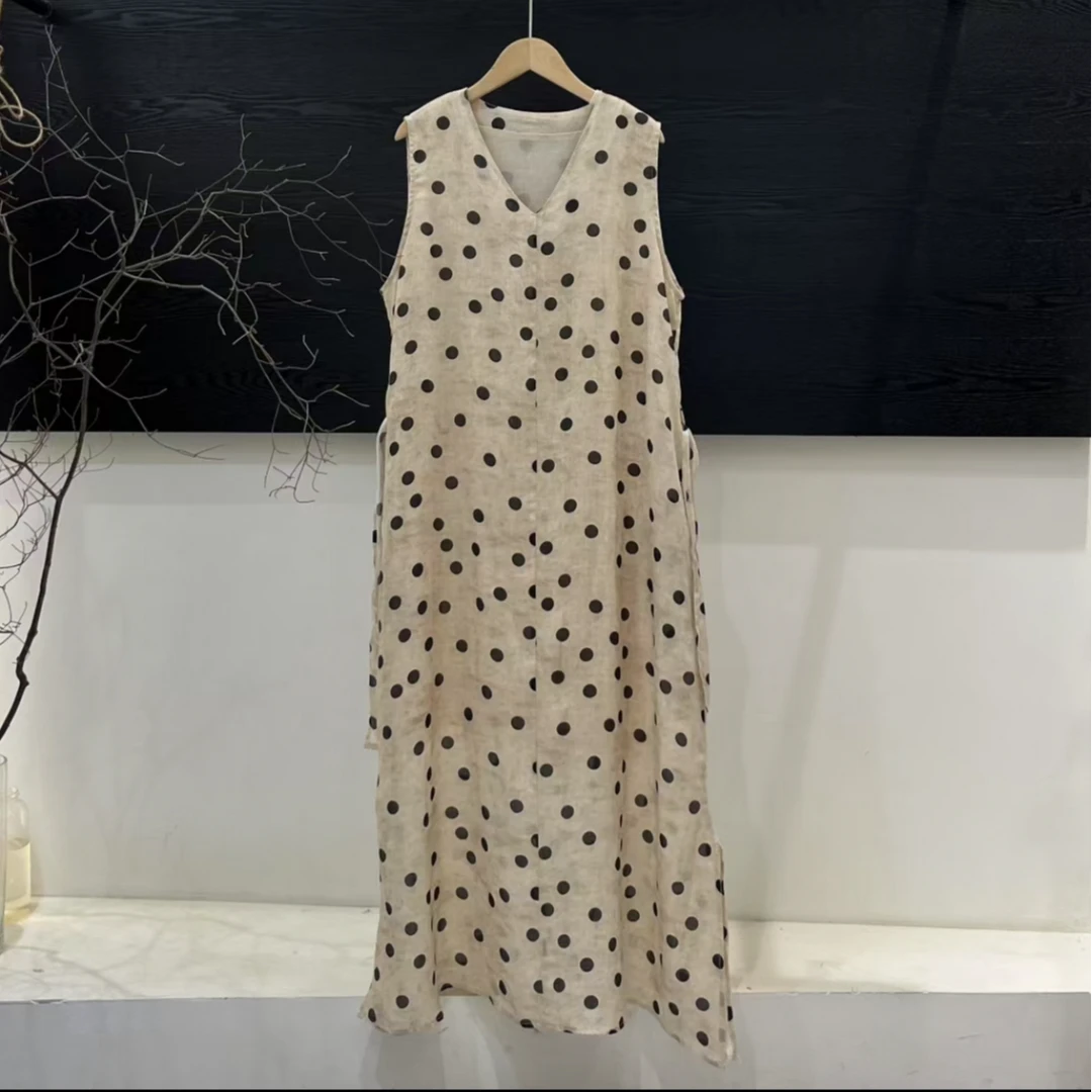 苎麻加衬V领长款无袖早秋内搭裙夏季波点气质显瘦时尚老钱风