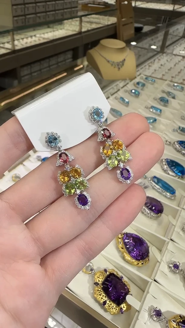 银S925镶嵌托帕石耳饰耳坠多彩宝石