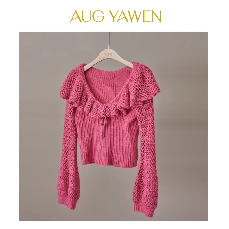 Aug.[设计师系列] 2025早春荷叶边V领羊毛毛衣针织衫 ZZS25002