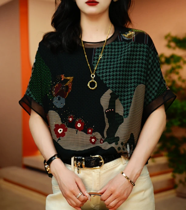 逸趣繁花-夏季新款高级感洋气时尚百搭显瘦短袖圆领上衣