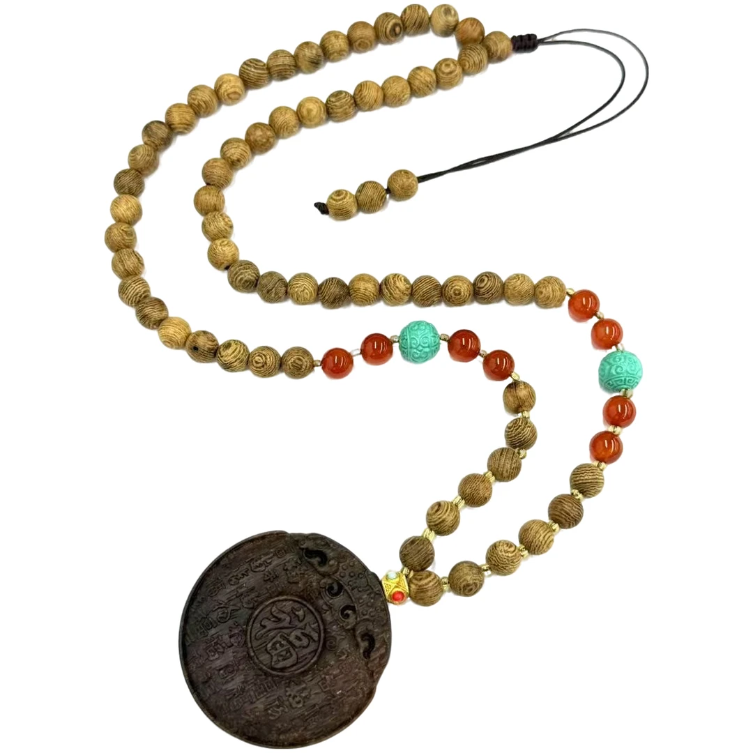 x849-国风原创沉香木福牌圆牌吊坠毛衣链