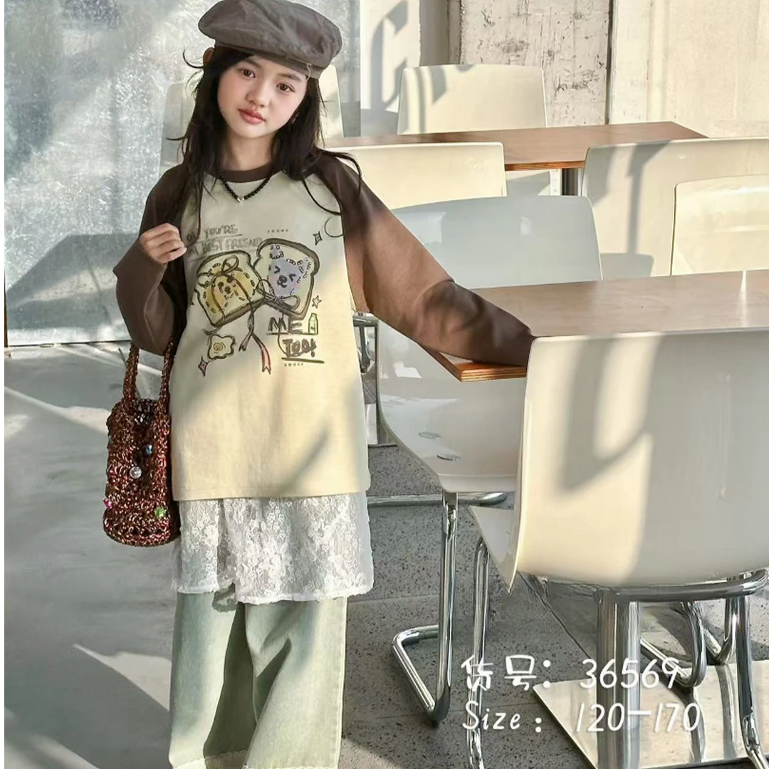 【豪宝贝】2025春夏新款撞色卡通涂鸦带钻长袖T恤6569