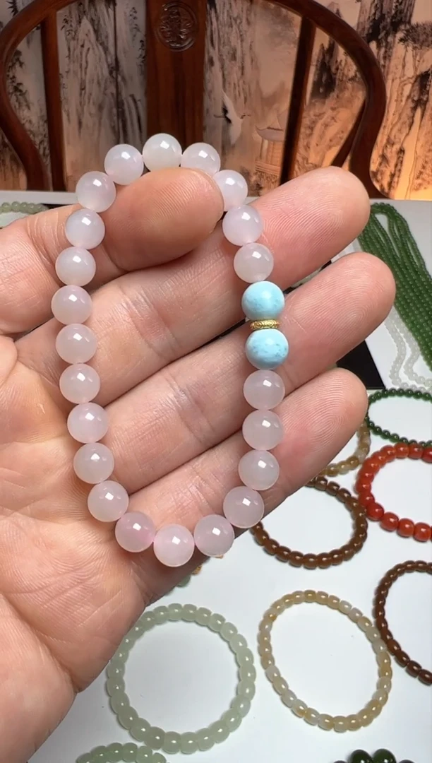 【闪购商品】和田玉手链银S925镀金镶嵌8MM藕粉