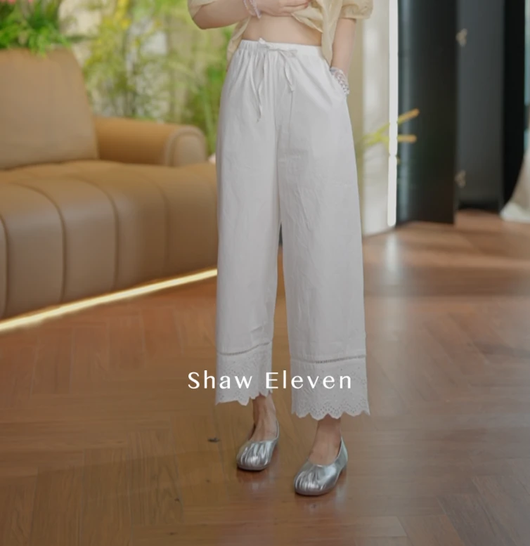 优雅之旅【Shaw Eleven】2025夏白色松紧腰棉布绣花八分休闲裤2633