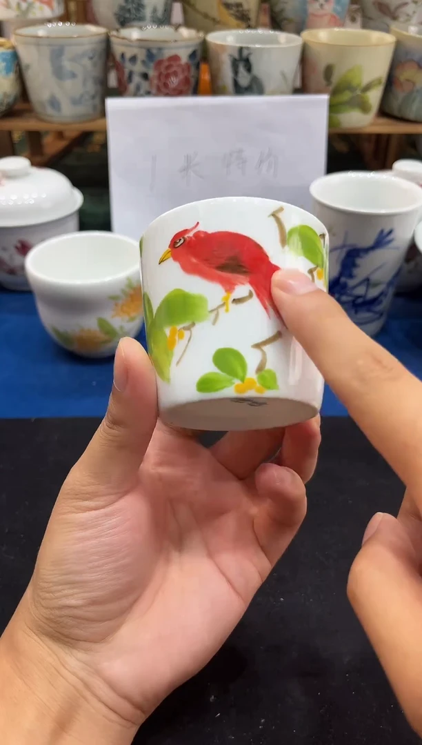 摆件景德镇高温釉下手工手绘高白泥陶瓷绶带鸟水杯