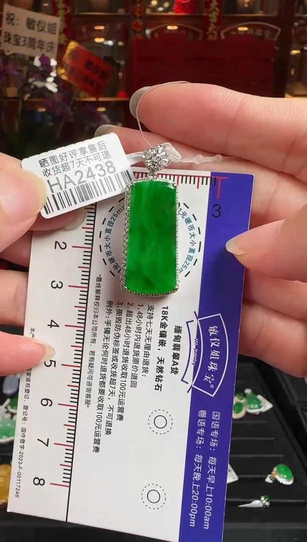 翡翠18K金镶嵌颈饰/HA2438冰辣绿无事牌