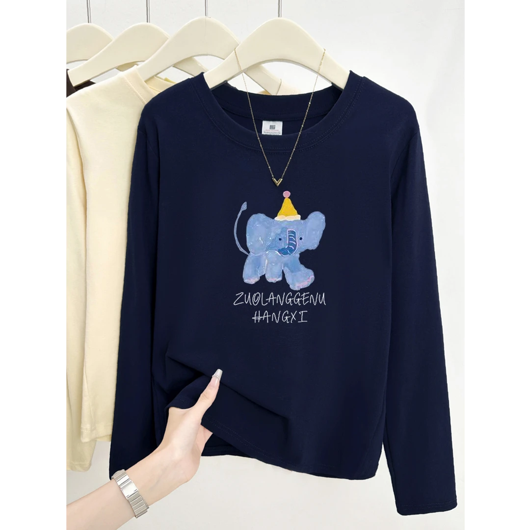 小众设计感字母小象印花长袖t恤女2025新款春秋冬季圆领休闲上衣