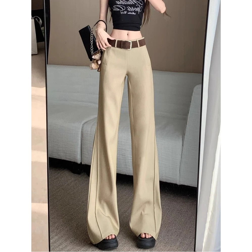 美式复古中腰西装休闲裤女秋冬加绒加厚垂感卡其微喇裤微喇拖地裤