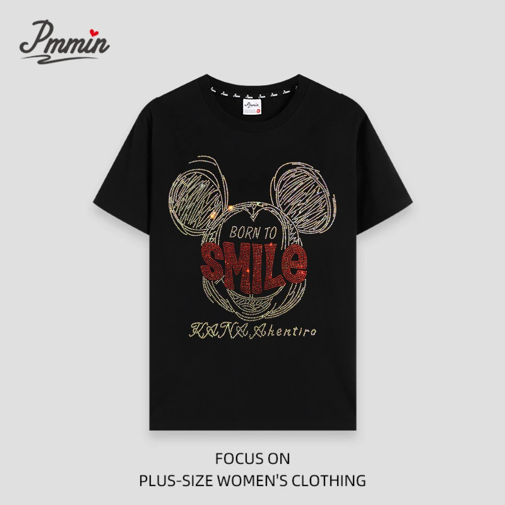 pmmin【笑脸米妮】女装大码圆领烫钻短袖T恤 夏季烫钻