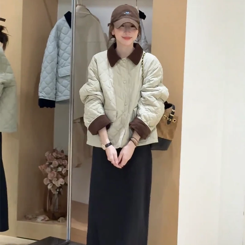 撞色翻领夹棉外套女秋季新款小个子休闲简约轻薄保暖百搭短款棉衣