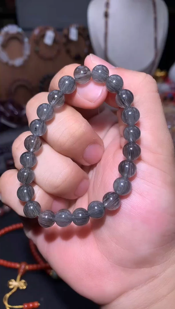 未镶嵌珠宝半成品水晶灰兔毛圆珠手串，卡8