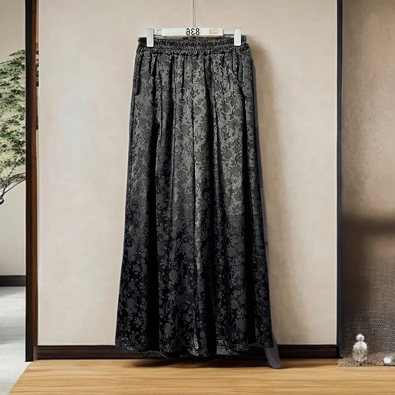 209 新中式国色牡丹缎面提花云纱高腰阔腿裤