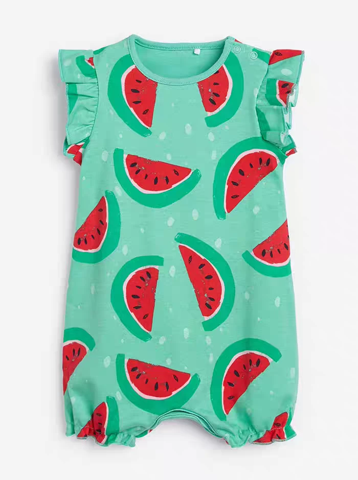 现货英国NEXT正品童装夏女宝宝绿色西瓜水果花卉短袖连体衣爬服