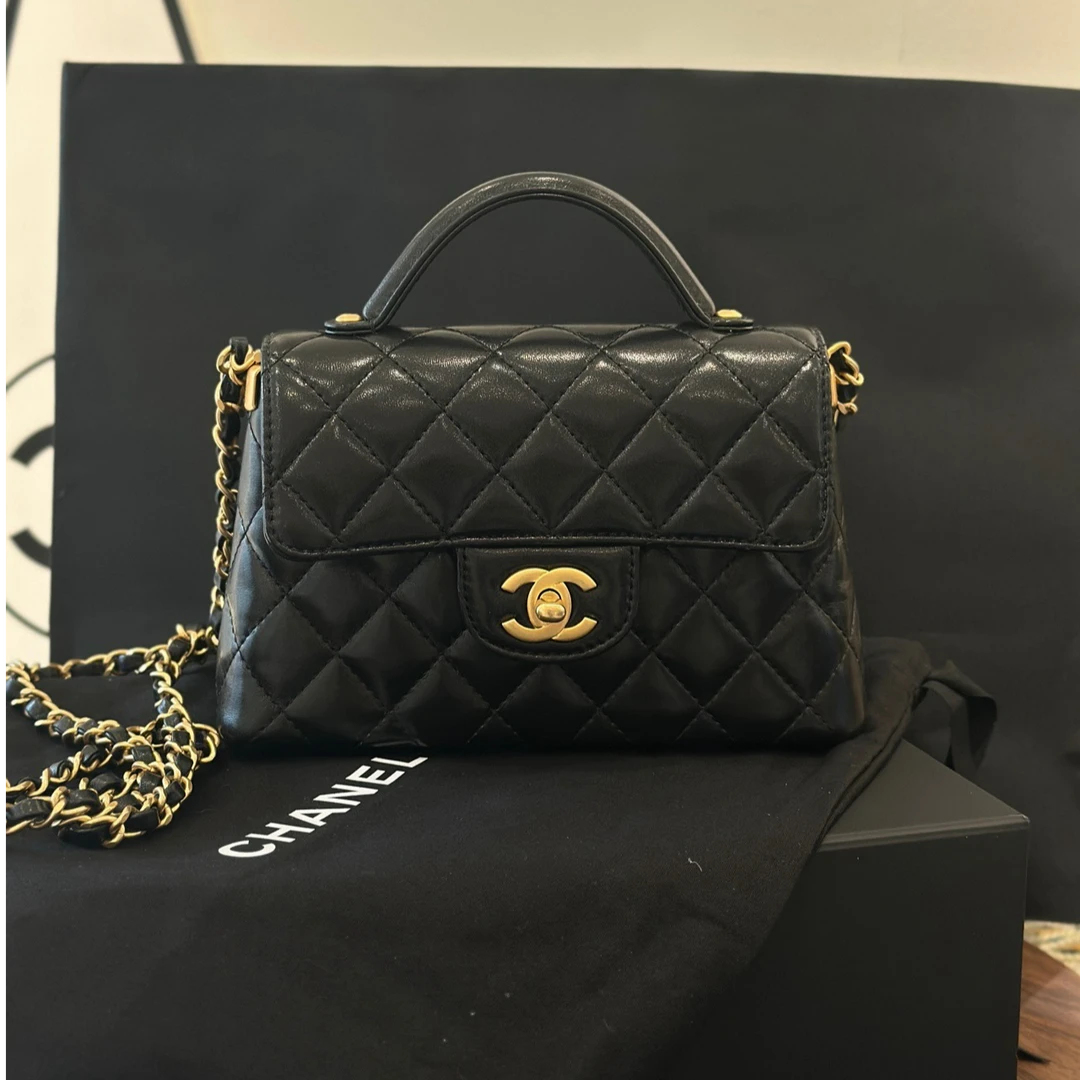 未使用 Chanel/香奈儿 25p kelly小号 黑金 羊皮