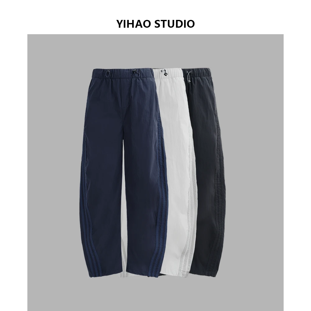 YIHAO STUDIO夏季新款男士弯刀休闲裤时尚经典百搭三条杠速干长裤