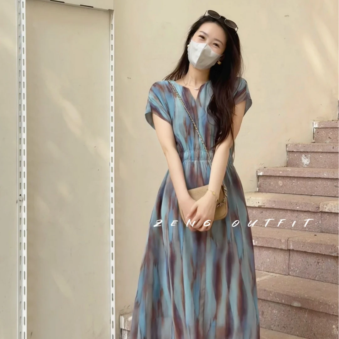 [薄纱里衬]Georgette乔其纱印花裙系列2025女士落日晚霞连衣裙25