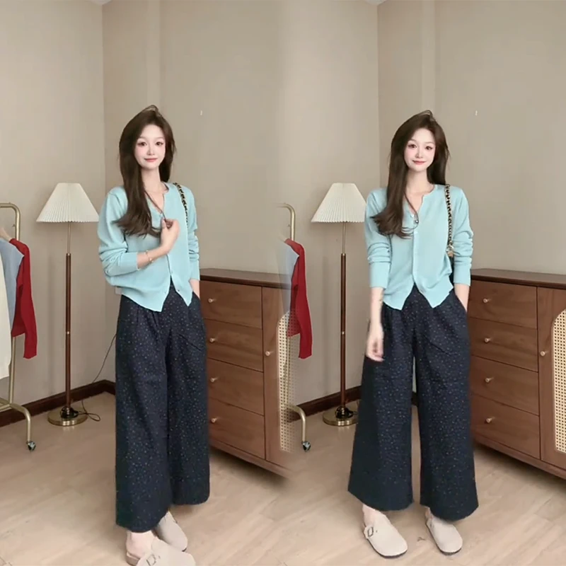 秋季开衫圆领洋气毛针织衫百搭纯色长袖直筒休闲碎花长裤两件套女