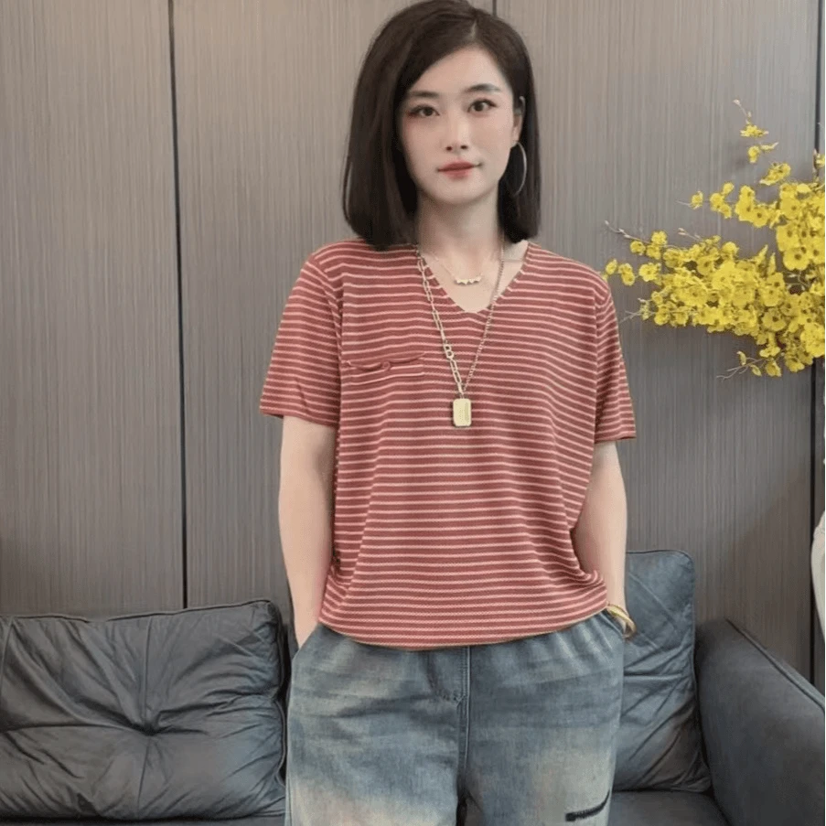 百搭休闲条纹上衣女夏季新款大码女装时尚简约冰丝针织衫短袖T恤