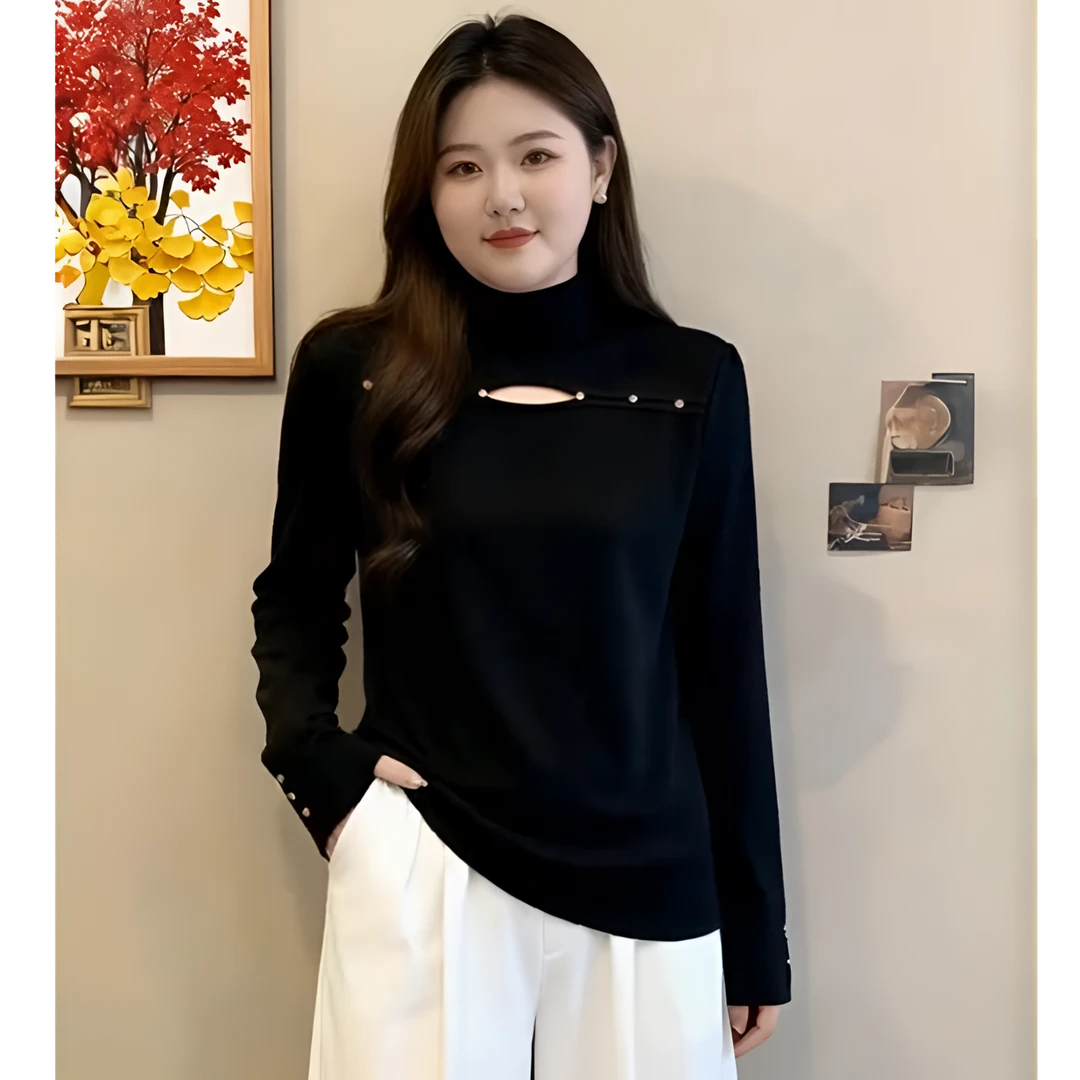 加绒大码女装打底衫半高领内搭秋冬修身显瘦胖mm设计感镂空上衣