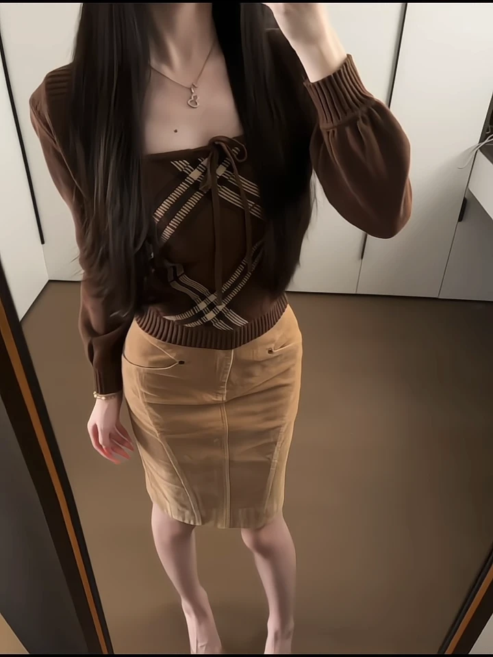 韩系复古格子紫气修身显瘦抹胸上衣女+长袖针织开衫外套两件套